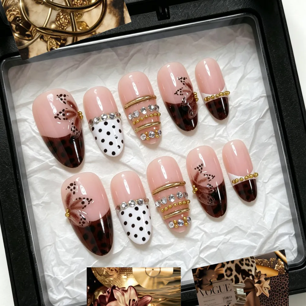 Nailhour 30Pcs Vintage Brown Medium Almond Press On Nails