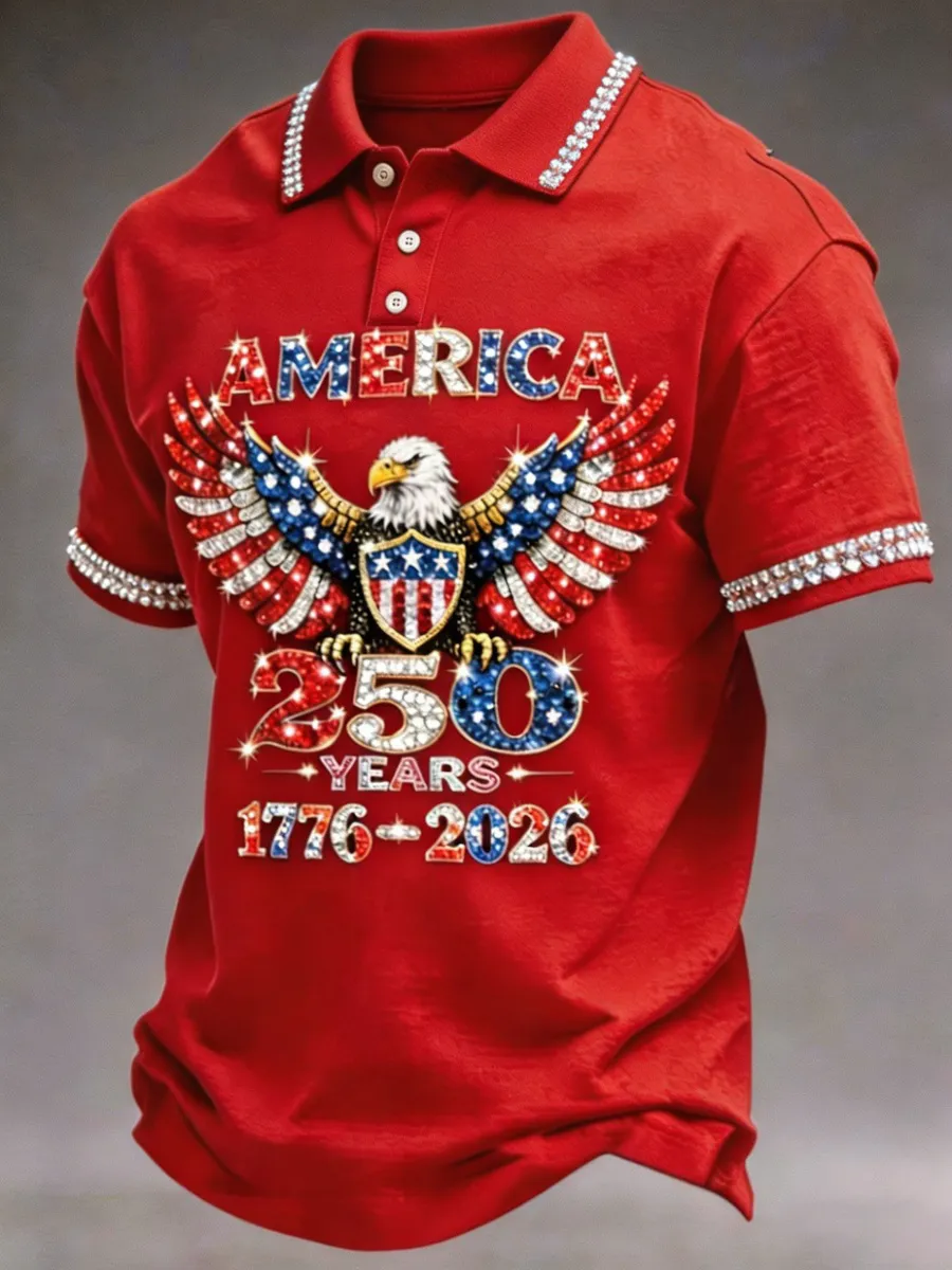 American 250th Anniversary Rhinestone Design Men's Polo Shirt
