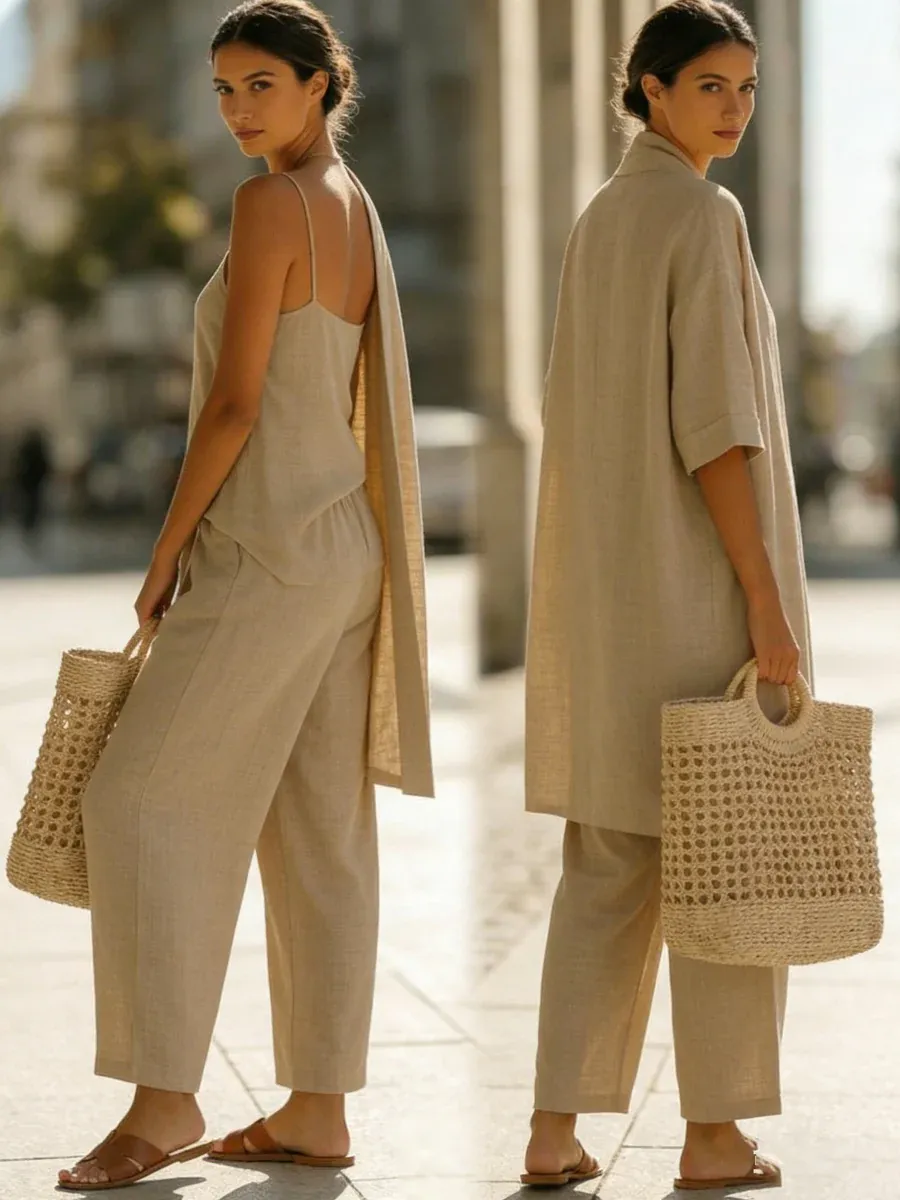 Minimalist Linen Cotton Three Piece Set - Suitable For Daily Wear