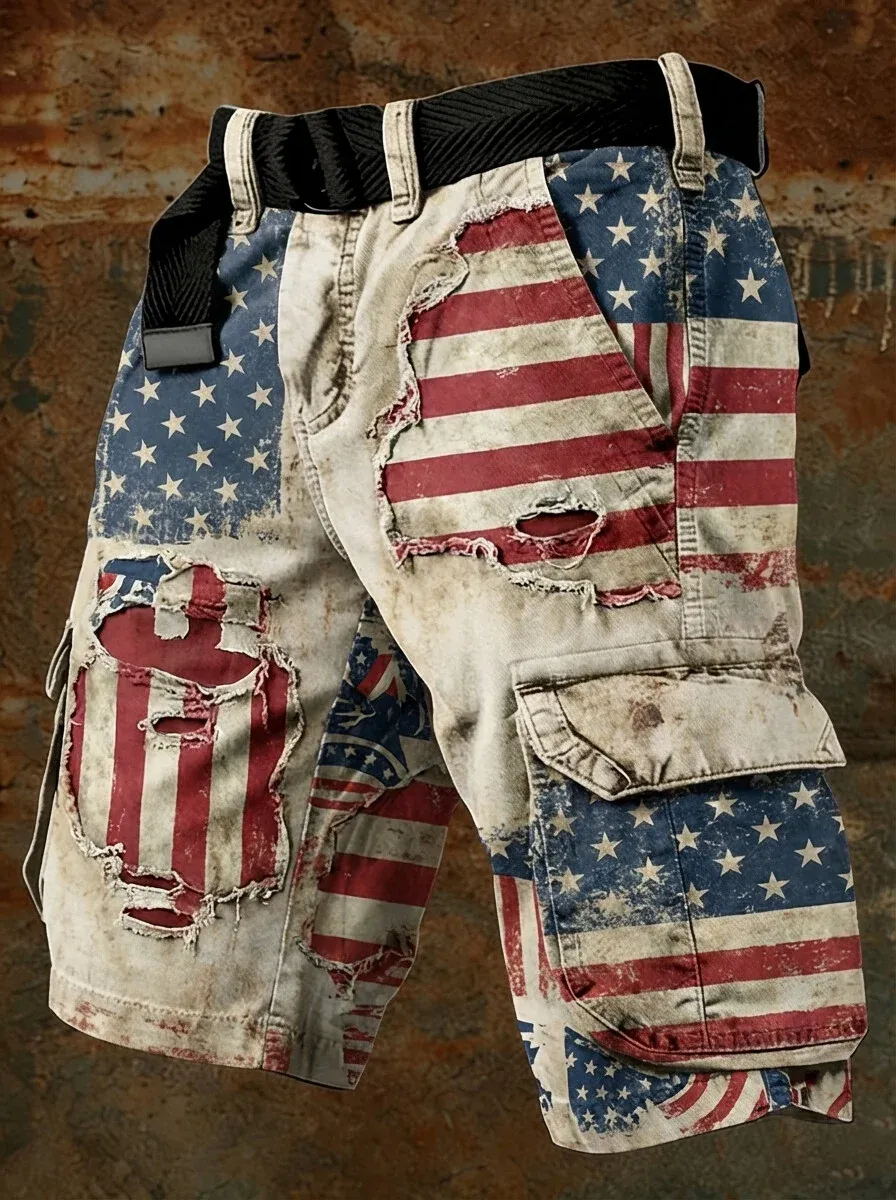 Men's Independence Day USA Flag Print Denim-Like Cargo Shorts