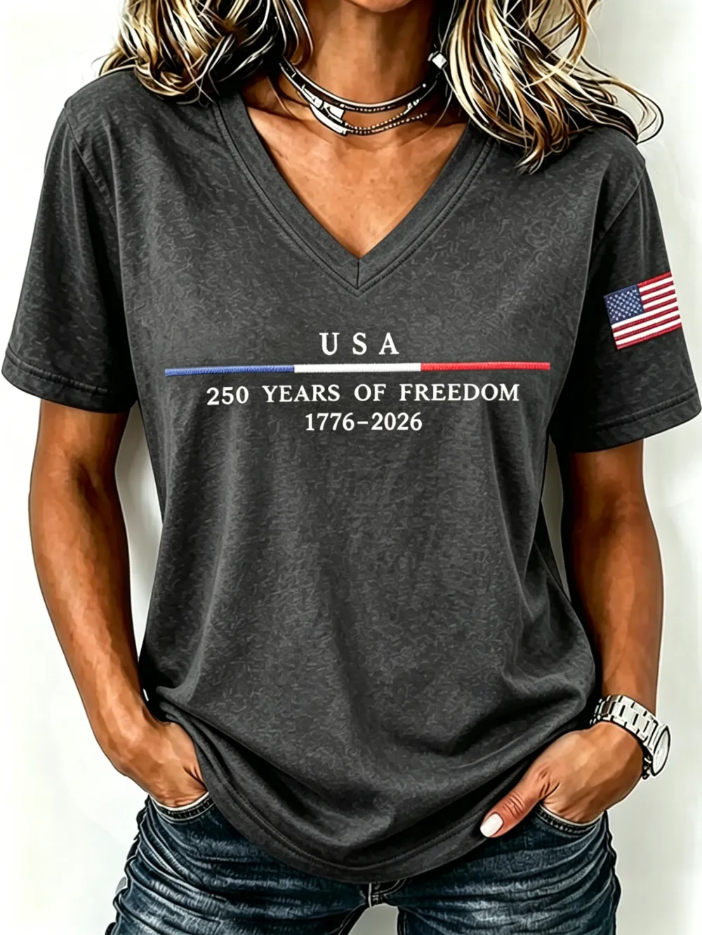 250Th Anniversary Embroidery Commemorative V-Neck Short Sleeved T-Shirt From The United States