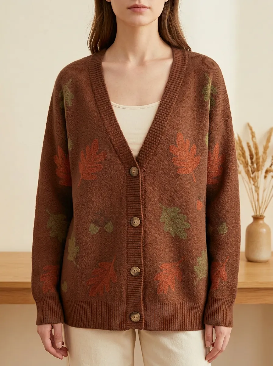 Botanical Oak Leaf Acorn Patterned Women's Knit Cardigan