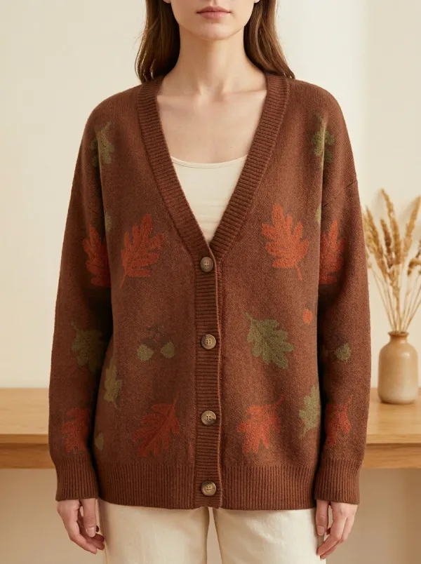 Botanical Oak Leaf Acorn Patterned Women's Knit Cardigan