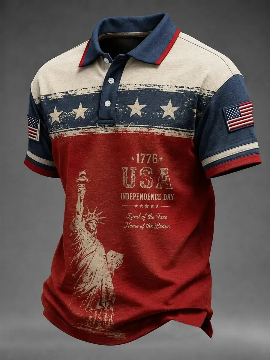 Men'S Casual American Statue Of Liberty Patchwork Personalized Printed Polo Shirt