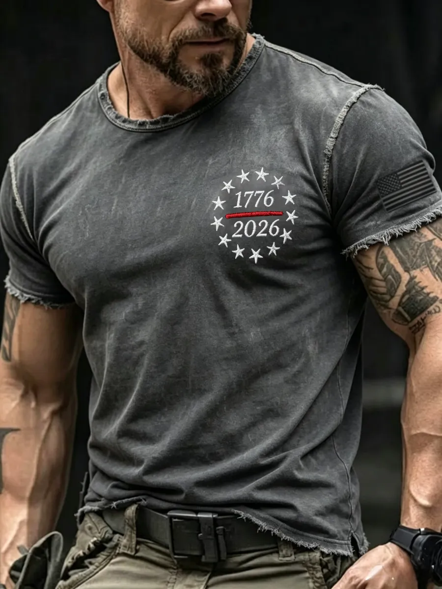 Men's Casual Washed Vintage American Flag Printed Round Neck Top