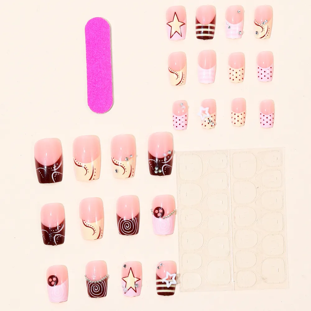 Nailhour 24Pcs Multicolo 3D Vintage Medium Square Press On Nails