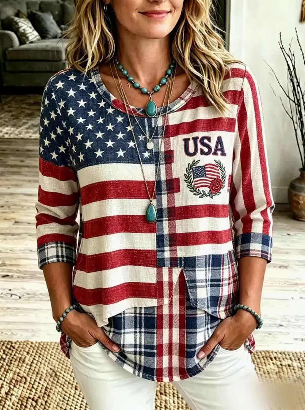 Women'S Cotton And Hemp Flag US Independence Day Printed Top