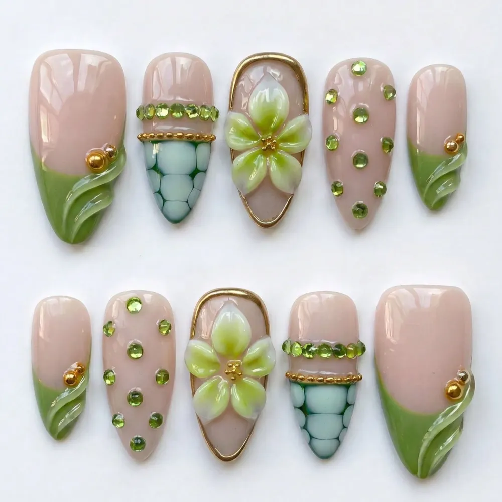 Nailhour 10Pcs Green Floral Handmade Medium Almond 3D French Press On Nails