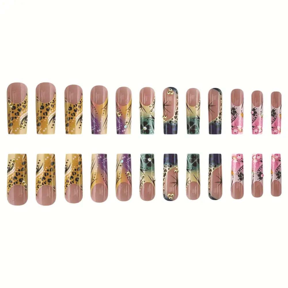 Nailhour 24Pcs French Long Square Wild Cheetah Print Press On Nails