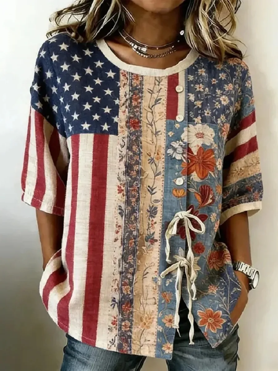 American Flag & Floral Print Women's Linen Shirt