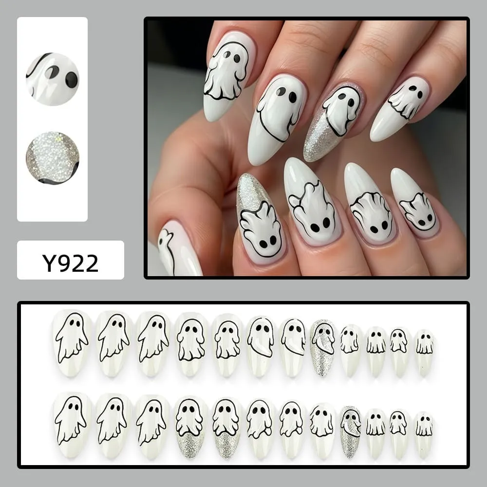 Nailhour 24Pcs White Halloween Minimalist Medium Almond Press On Nails
