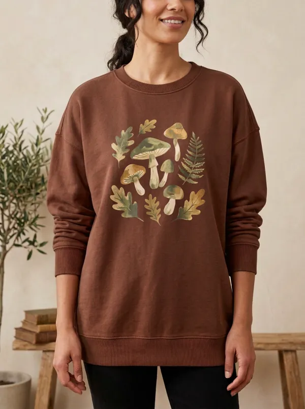 Botanical Mushroom Fern Printed Women's Graphic Sweatshirt