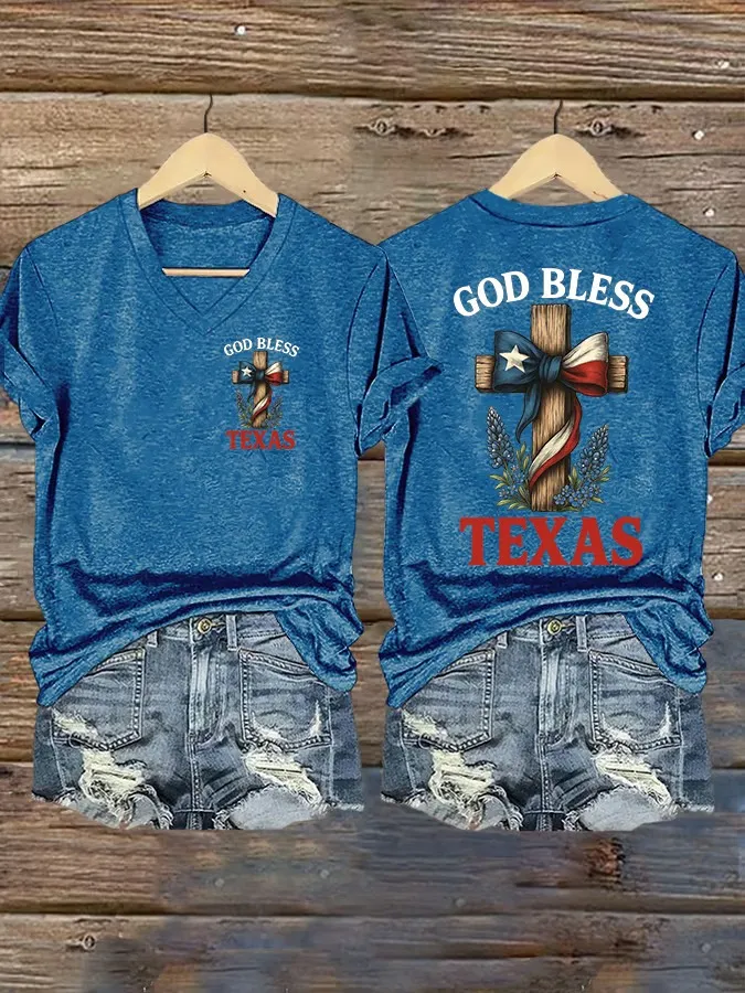 Women's Retro God Bless Texas Cross Print V-Neck T-Shirt
