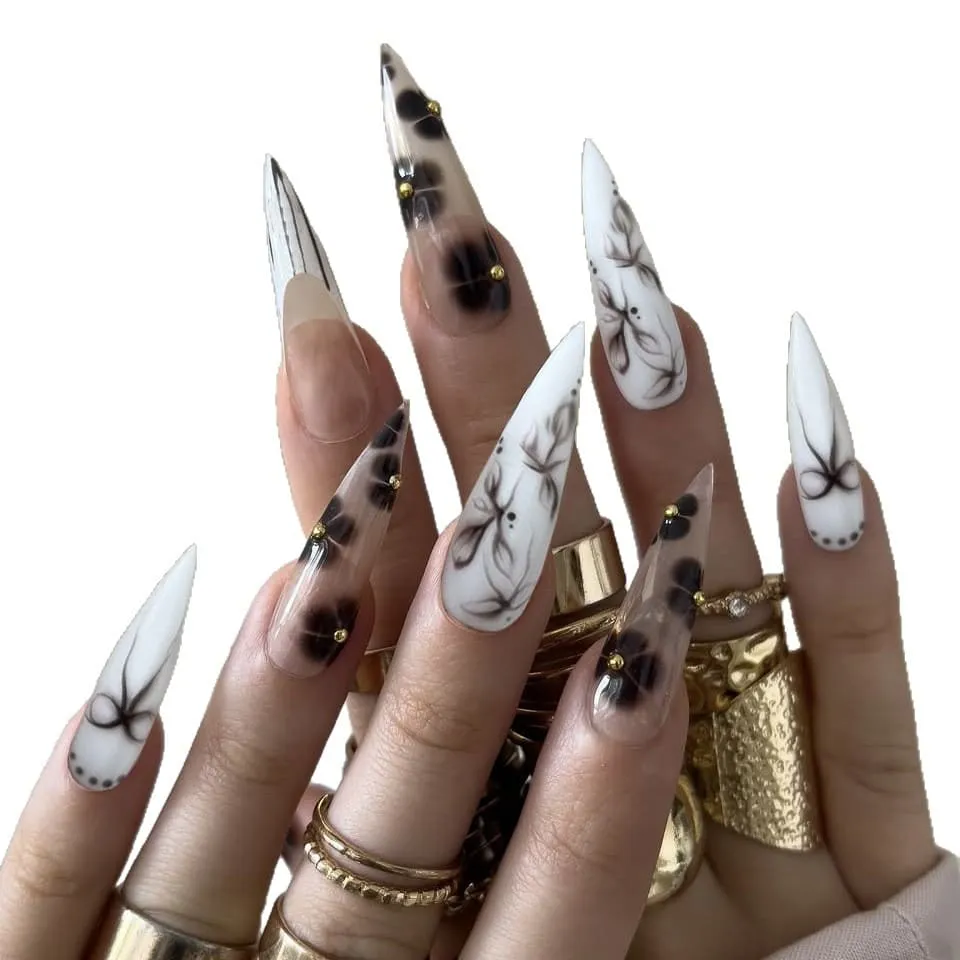 Nailhour 24Pcs Autumn White Long Stiletto Press On Nails