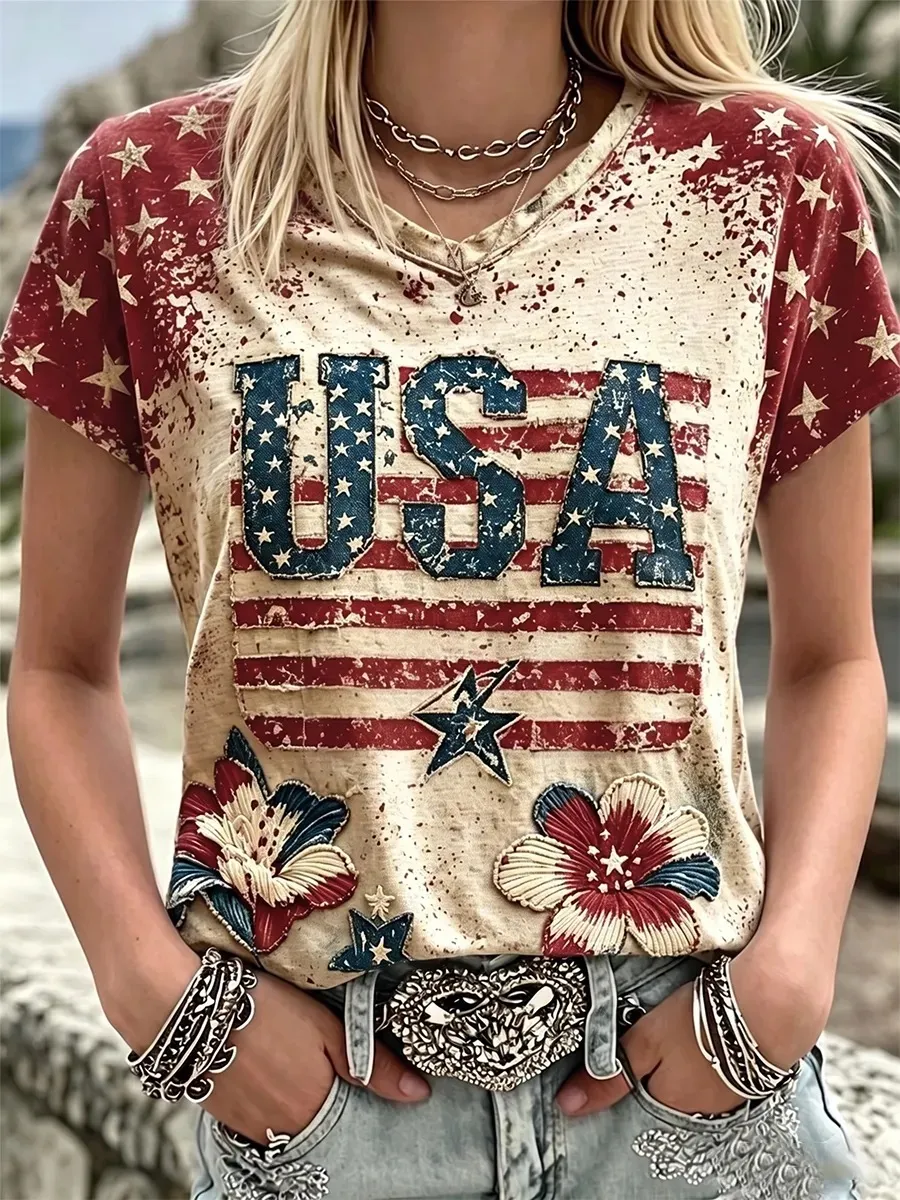 Women's Vintage Independence Day Flag Floral Art Print Short Sleeve T-shirt