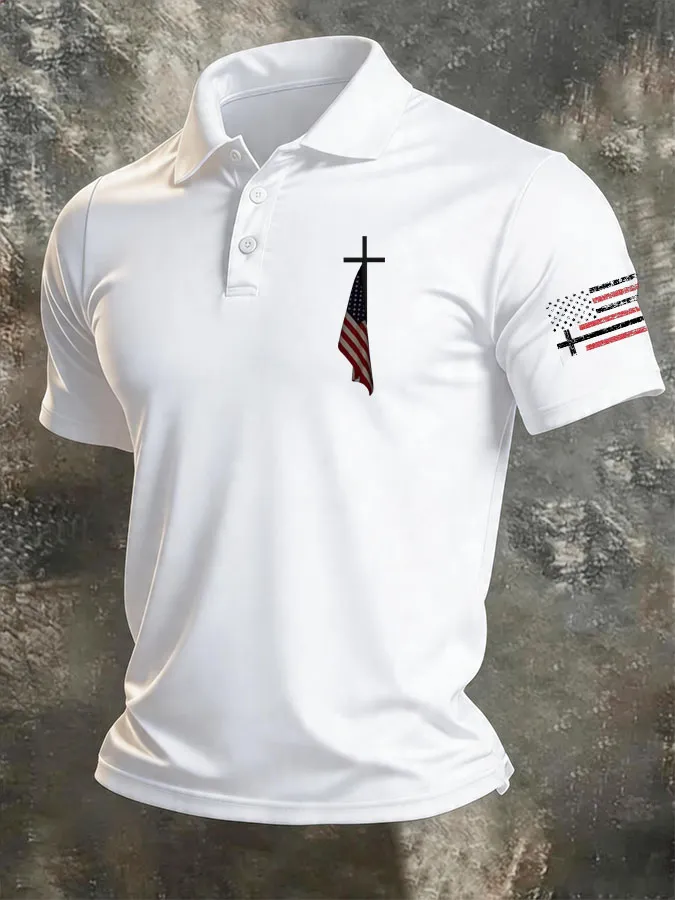 Men'S Cross flag Print Casual Polo Shirt