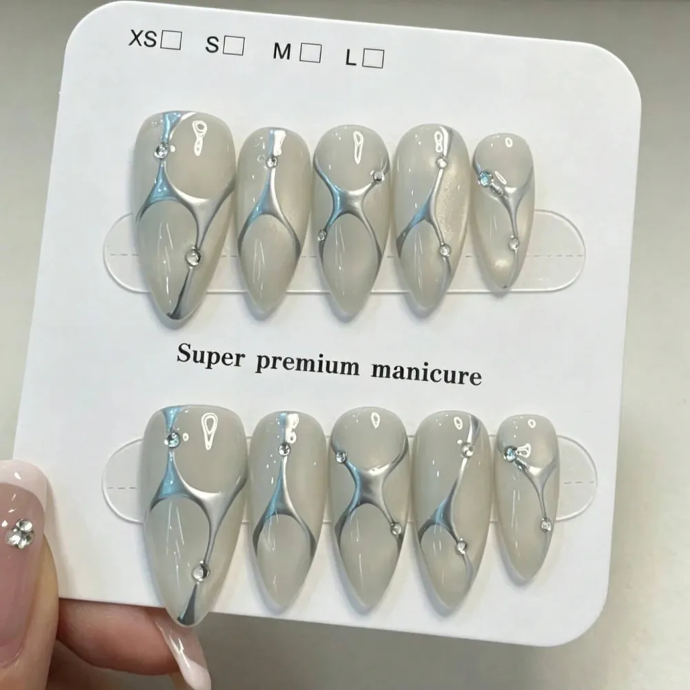 Nailhour 10Pcs Handmade Y2K Medium Almond White Chrome Cat Eye Press On Nails