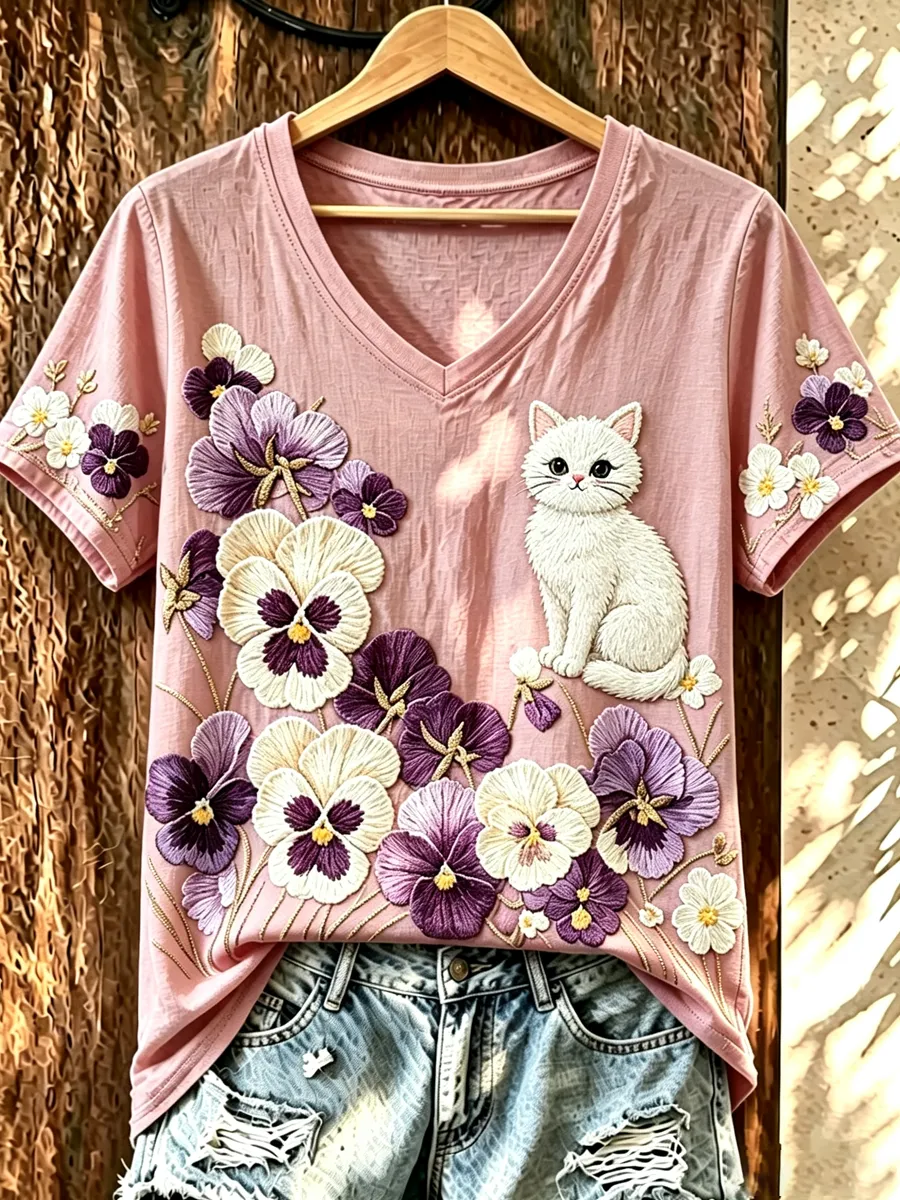 Women's Purple Floral Cat-Pocket V-Neck Top