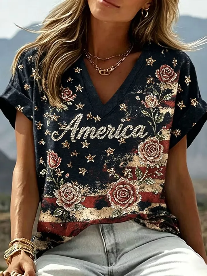Ladies' Leisure 250Th Anniversary Celebration Flower Personalized Printed V-Neck T-Shirt