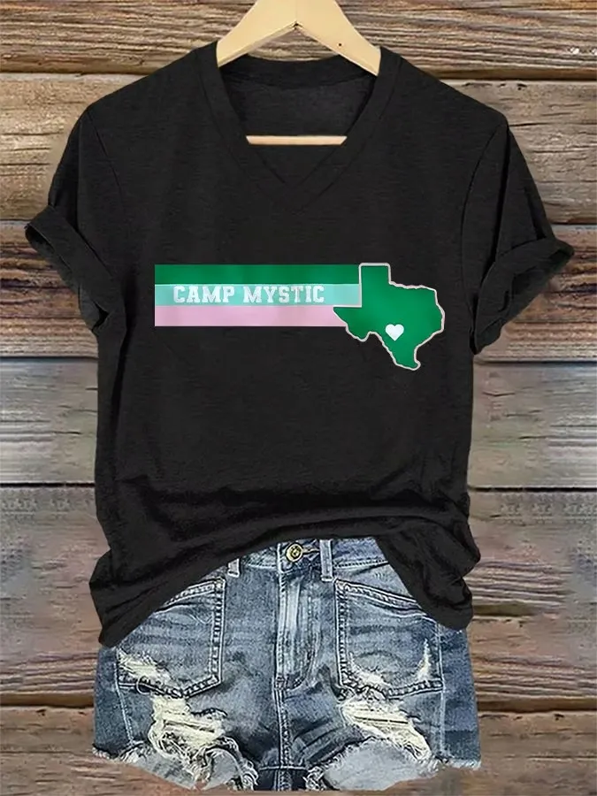 Women's Retro Camp Mystic Pink And Green Texas Strong Print T-Shirt