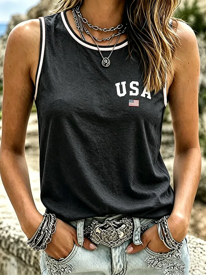 Ladies' Casual USA Commemorative Embroidered Printed Round Neck Vest