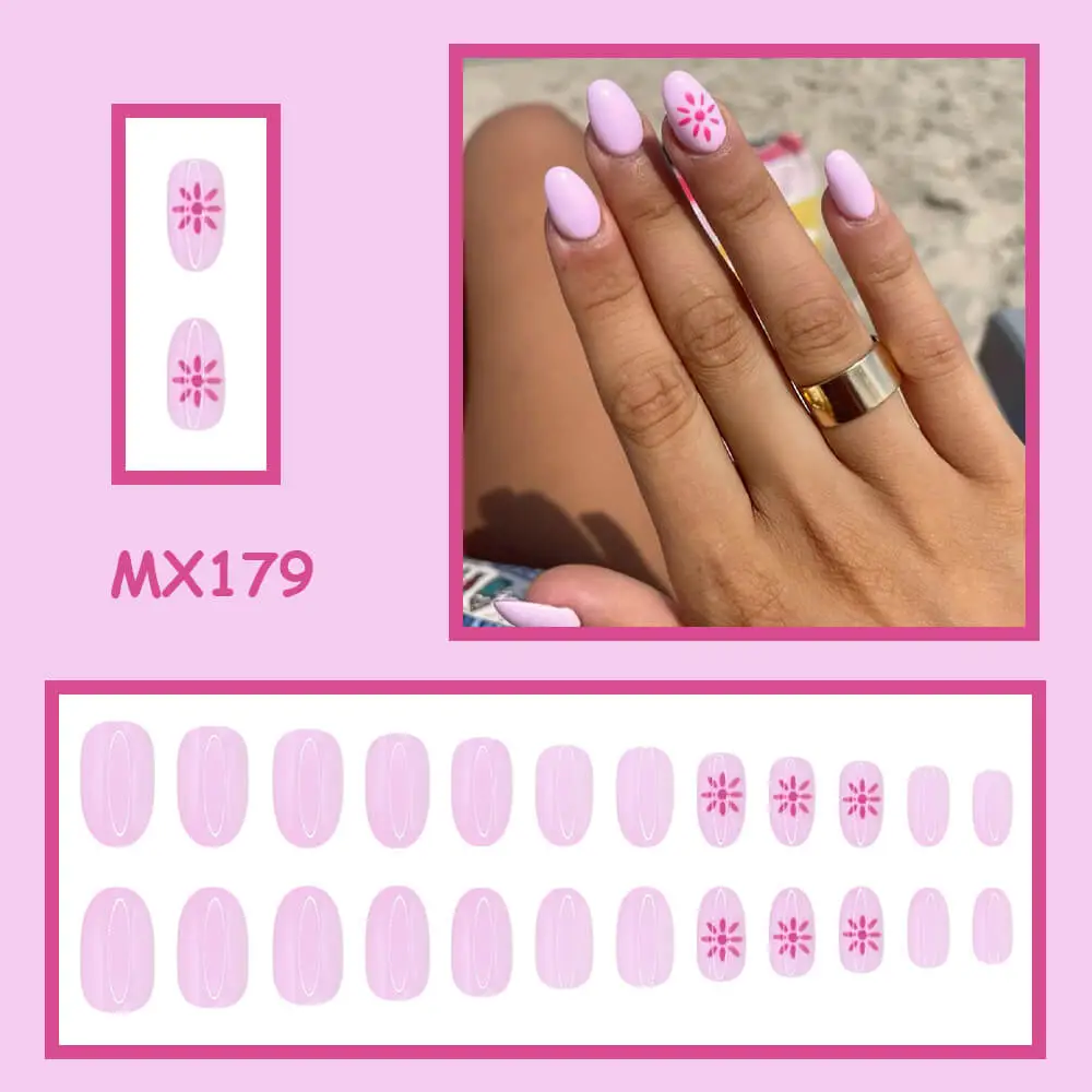 Nailhour 24Pcs Minimalist Short Oval Pink Beach Press On Nails