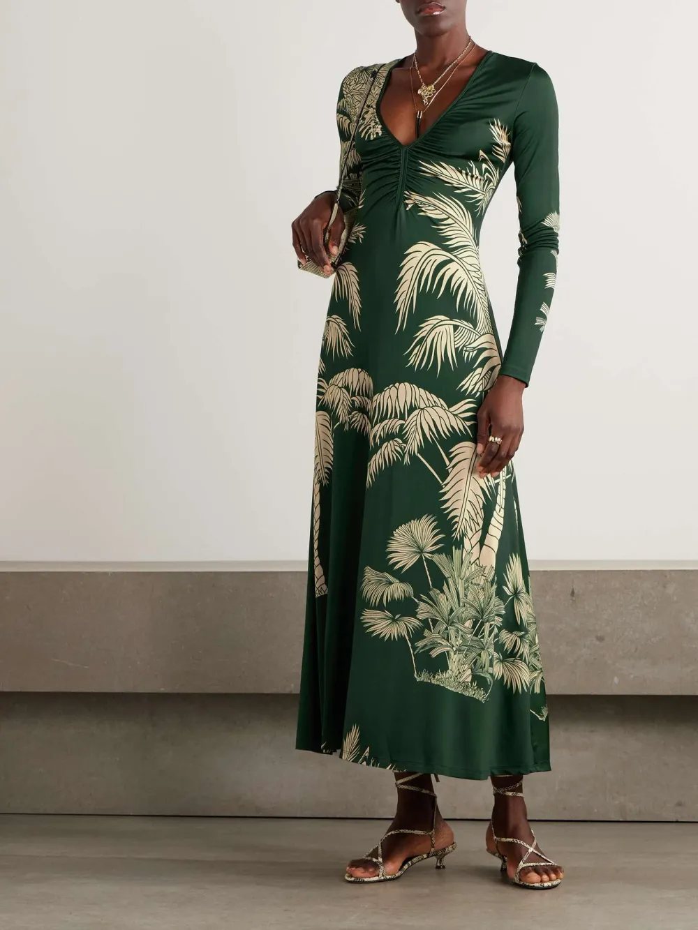 V-Neck Tropical Print Long Dress