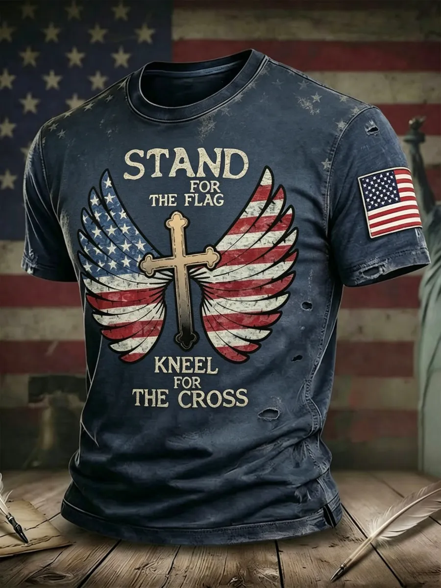 Men's America's 250th Anniversary Stand For The Flag Kneel For The Cross Faith Christian Cross Print T-Shirt