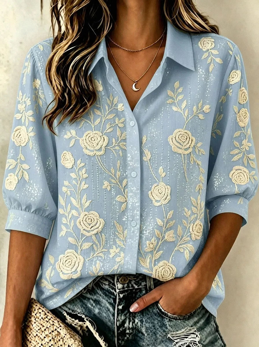 Women's Breast Cancer Awareness Rose Floral Embroidered Printed Shirt