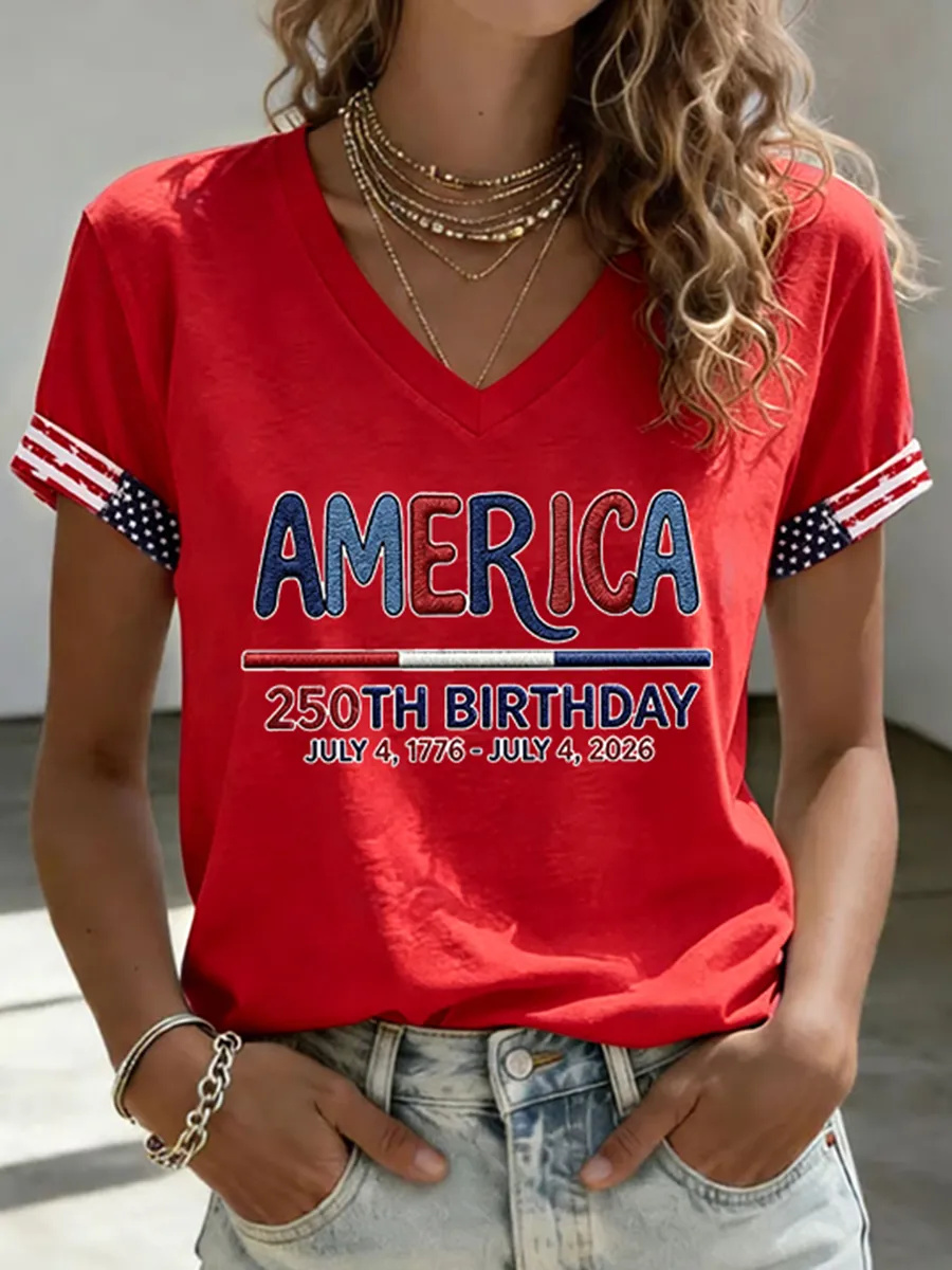 250th Anniversary American Embroidery Commemorative V-neck Short sleeved T-shirt