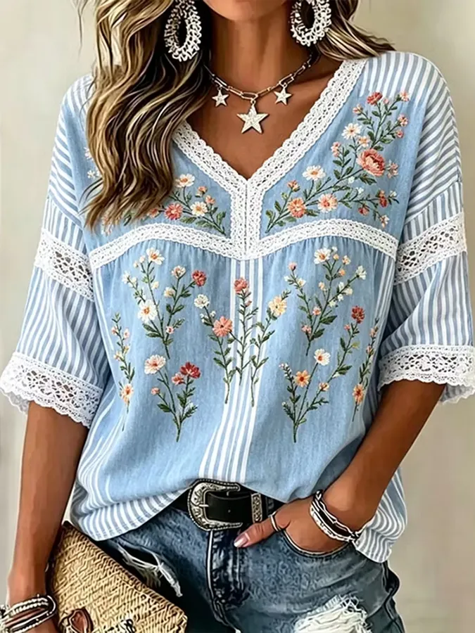 Women's V-neck floral print shirt