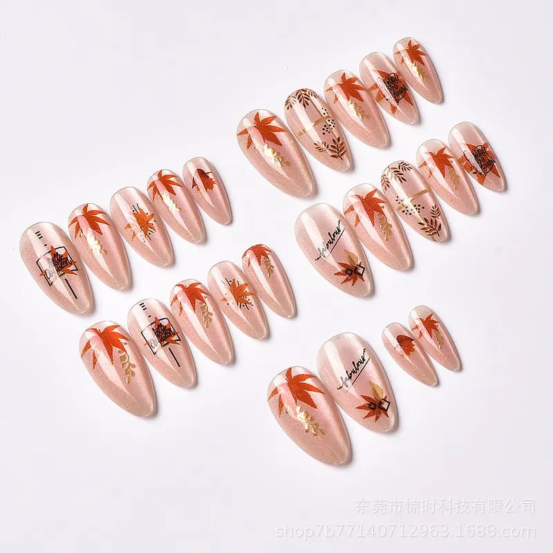 Nailhour 24Pcs Gilded Autumn Cat Eye Medium Almond Press On Nails