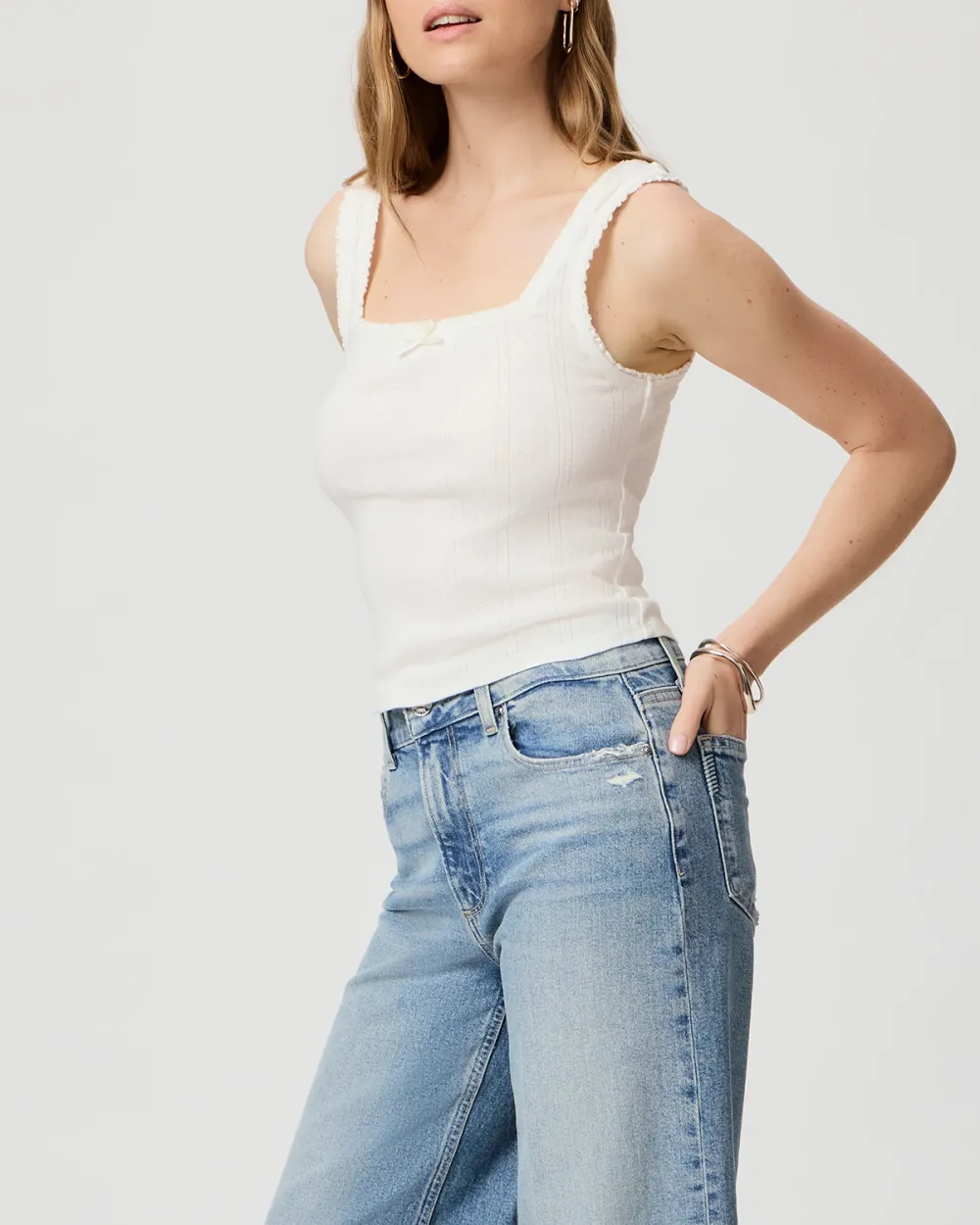 White Pointelle Stitched Square Neck Tank Top
