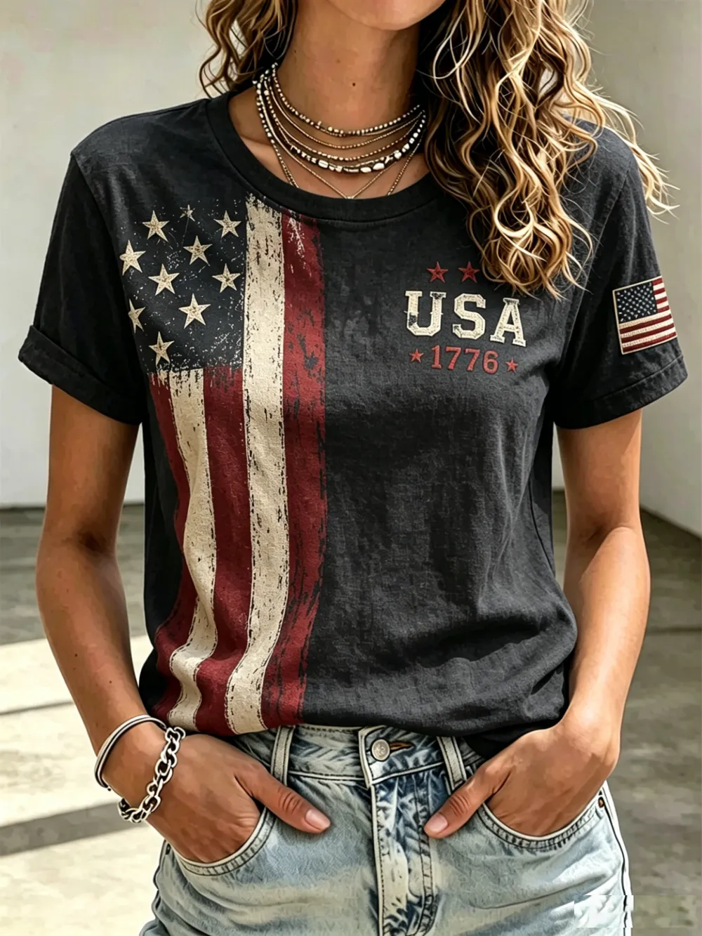 Ladies' Casual American 250Th Anniversary Commemorative Round Neck Short Sleeved T-Shirt