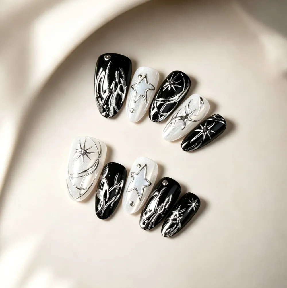 Nailhour 30Pcs Y2K Star 3D Medium Almond French Press On Nails