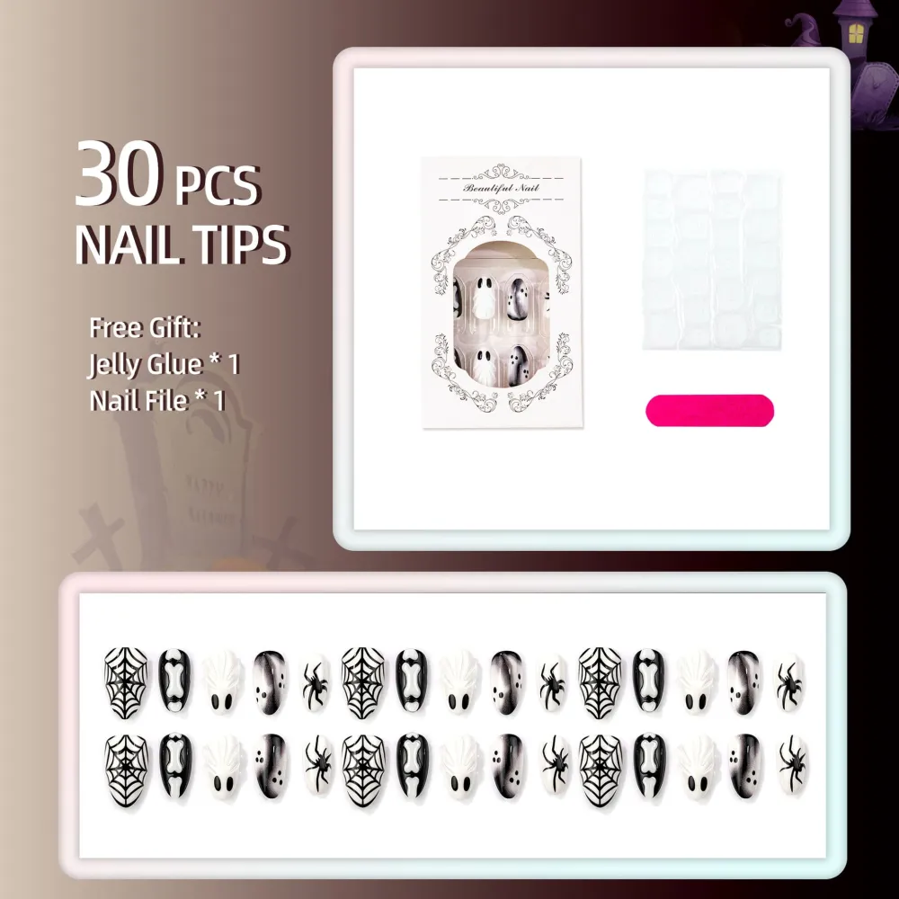 Nailhour 30Pcs Ghost Cute Halloween Short Almond Spider Web Press On Nails