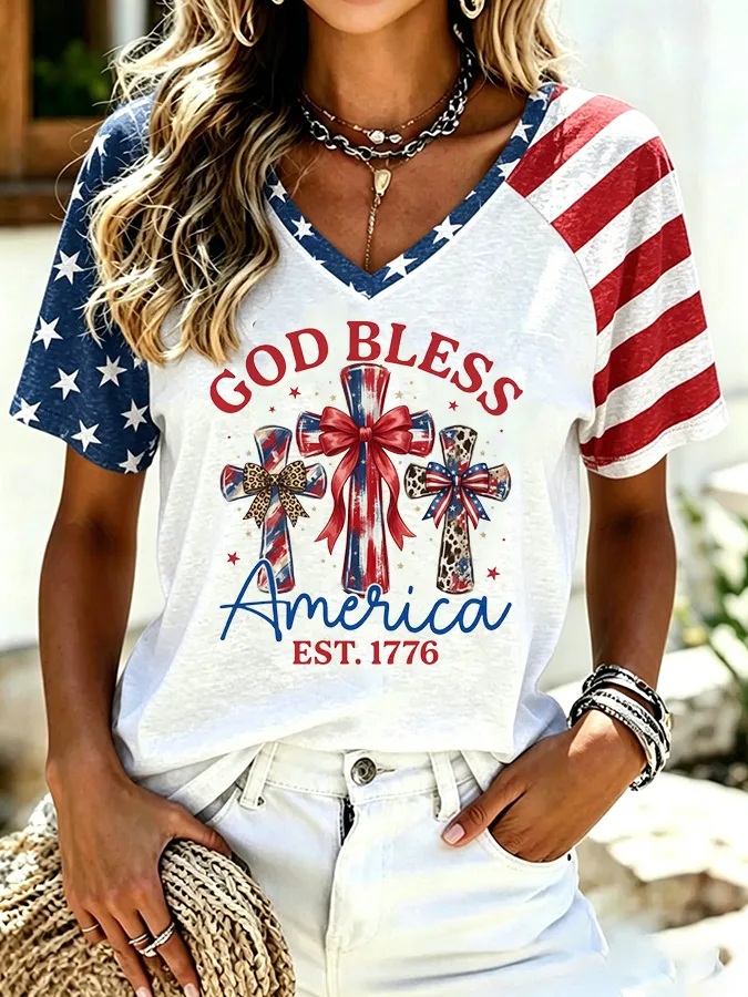 Women'S Retro Independence Day Printed Casual Short Sleeved T-Shirt