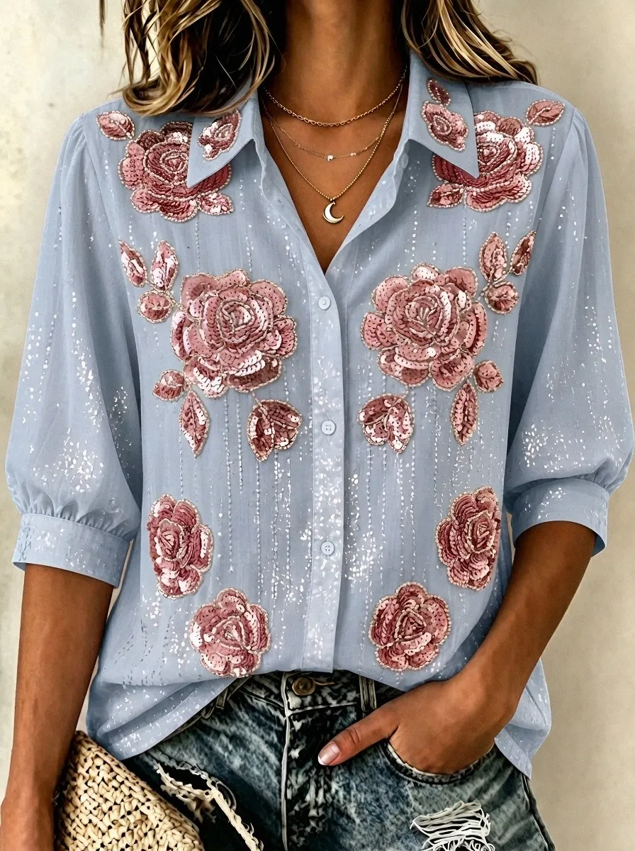 Women's Breast Cancer Awareness Pink Rose Sequin Embroidered Printed Shirt