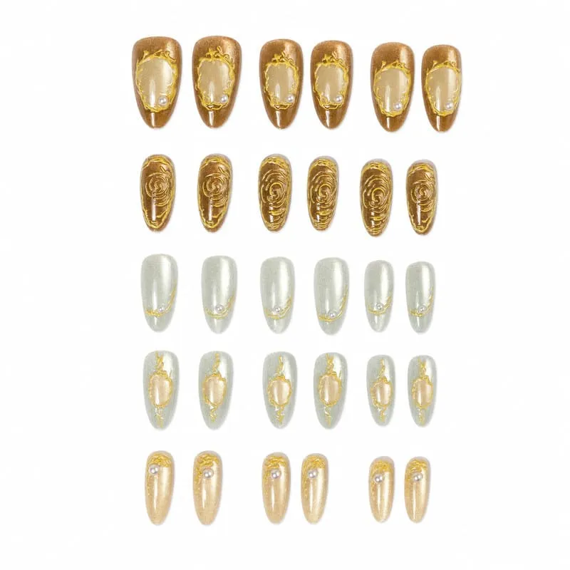 Nailhour 30Pcs Amber Gilded Medium Almond French Press On Nails