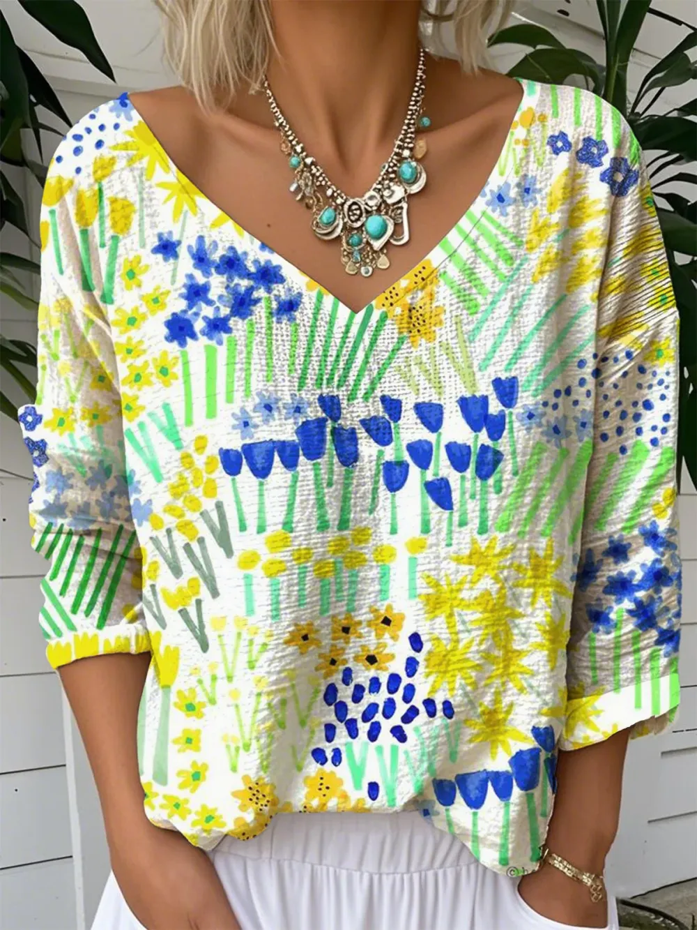 Women's Yellow And Blue Contrasting Flower V-Neck Long-Sleeved Shirt