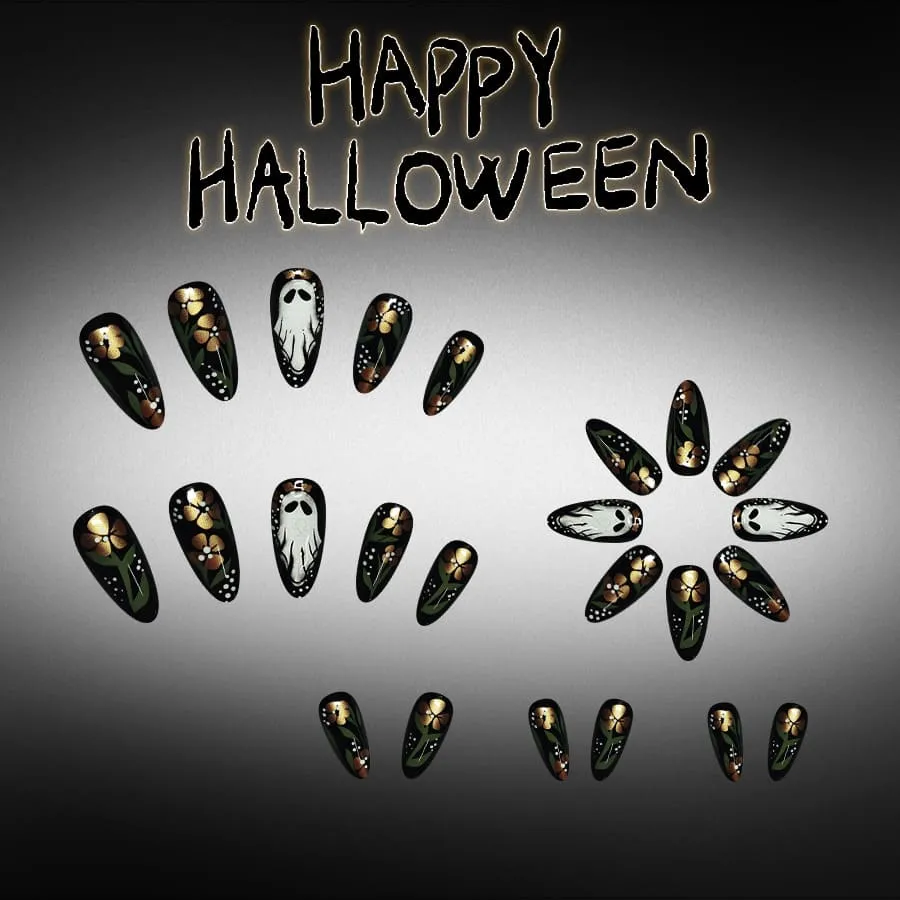 Nailhour 24Pcs 3D Cute Ghost Glossy Gilded Halloween Short Almond Press On Nails