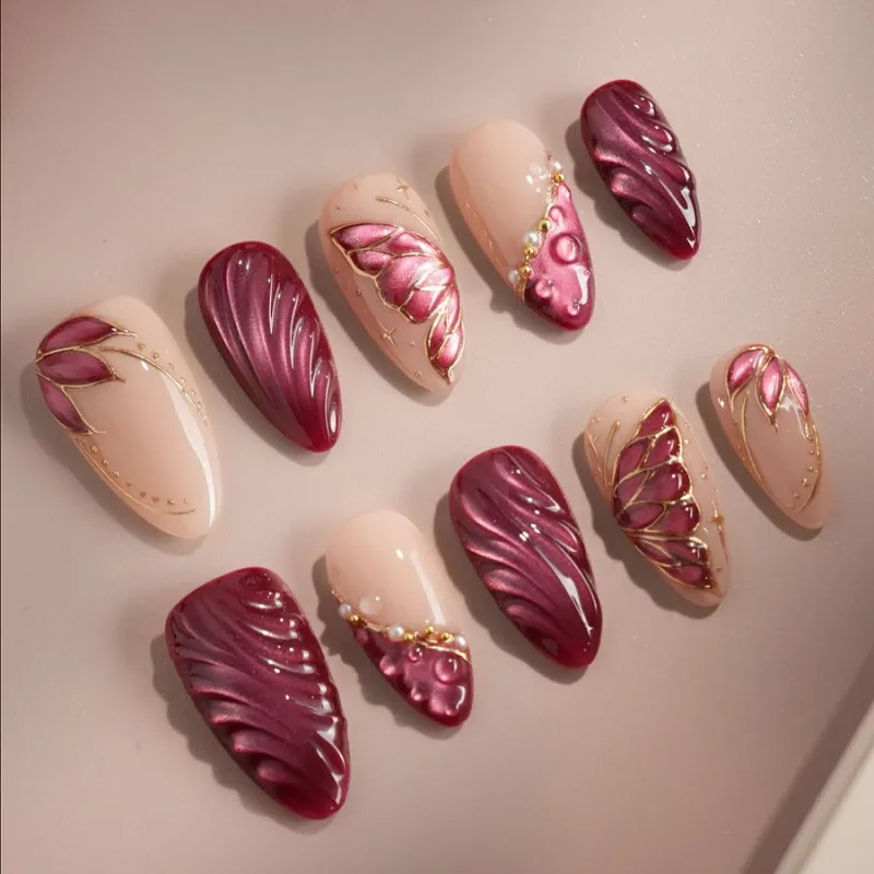Nailhour Cat Eye Butterfly Handmade 30Pcs Rhinestones Press On Nails