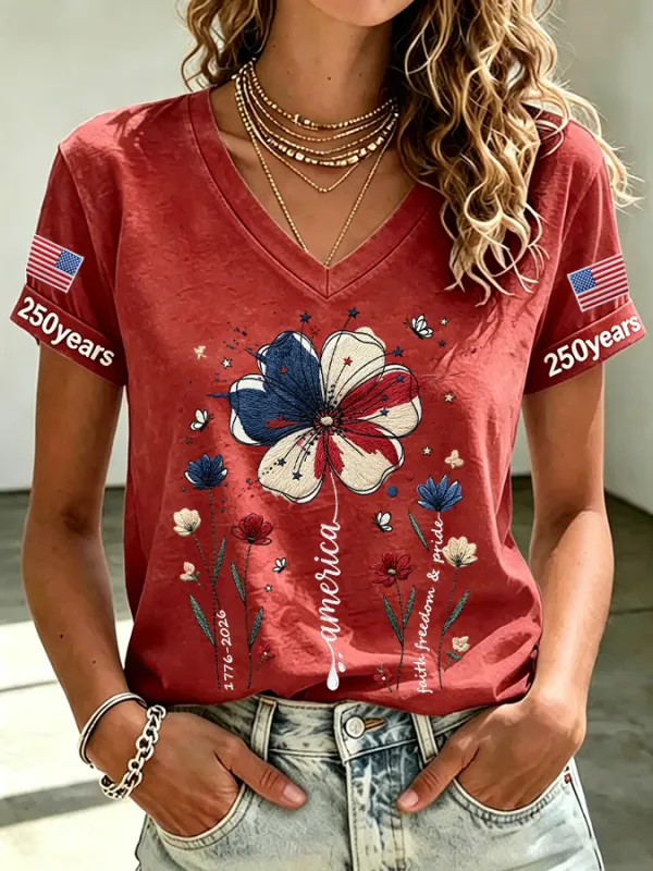 Women's USA 250th Anniversary Floral Print V Neck T-shirt