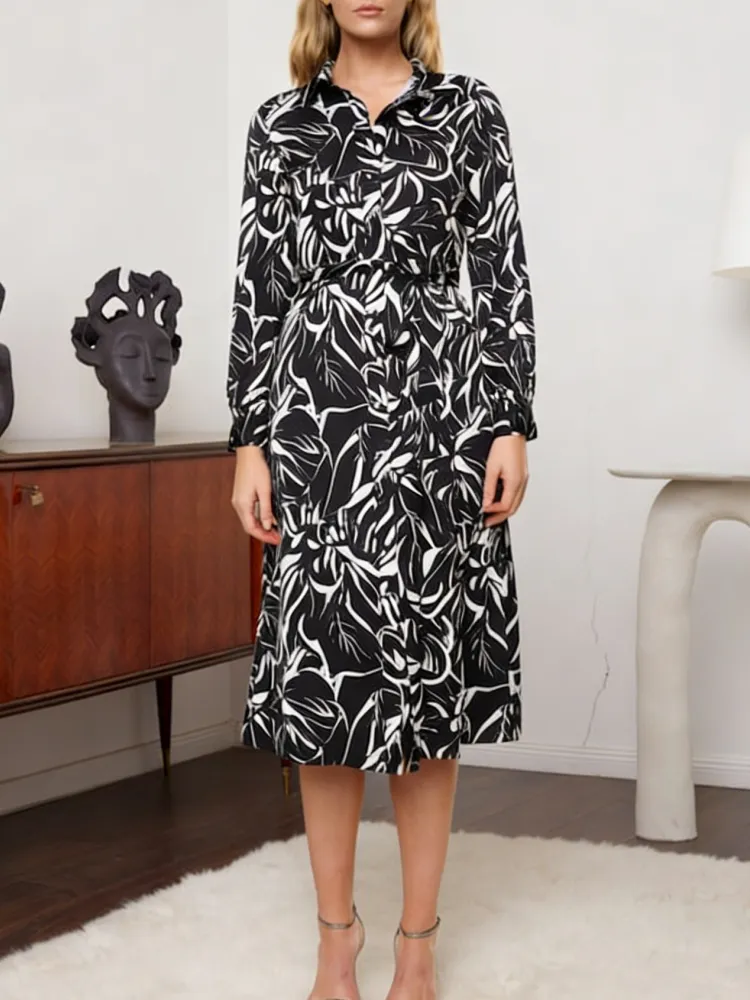 Plant Print Long Sleeve Dress