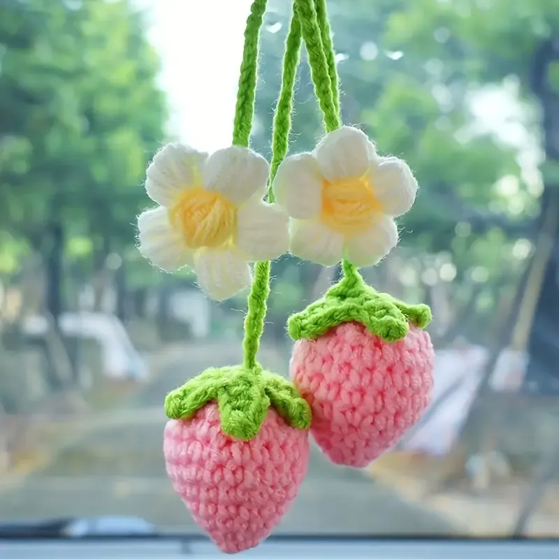 Handmade Crochet Strawberry Flower Car Mirror Charms