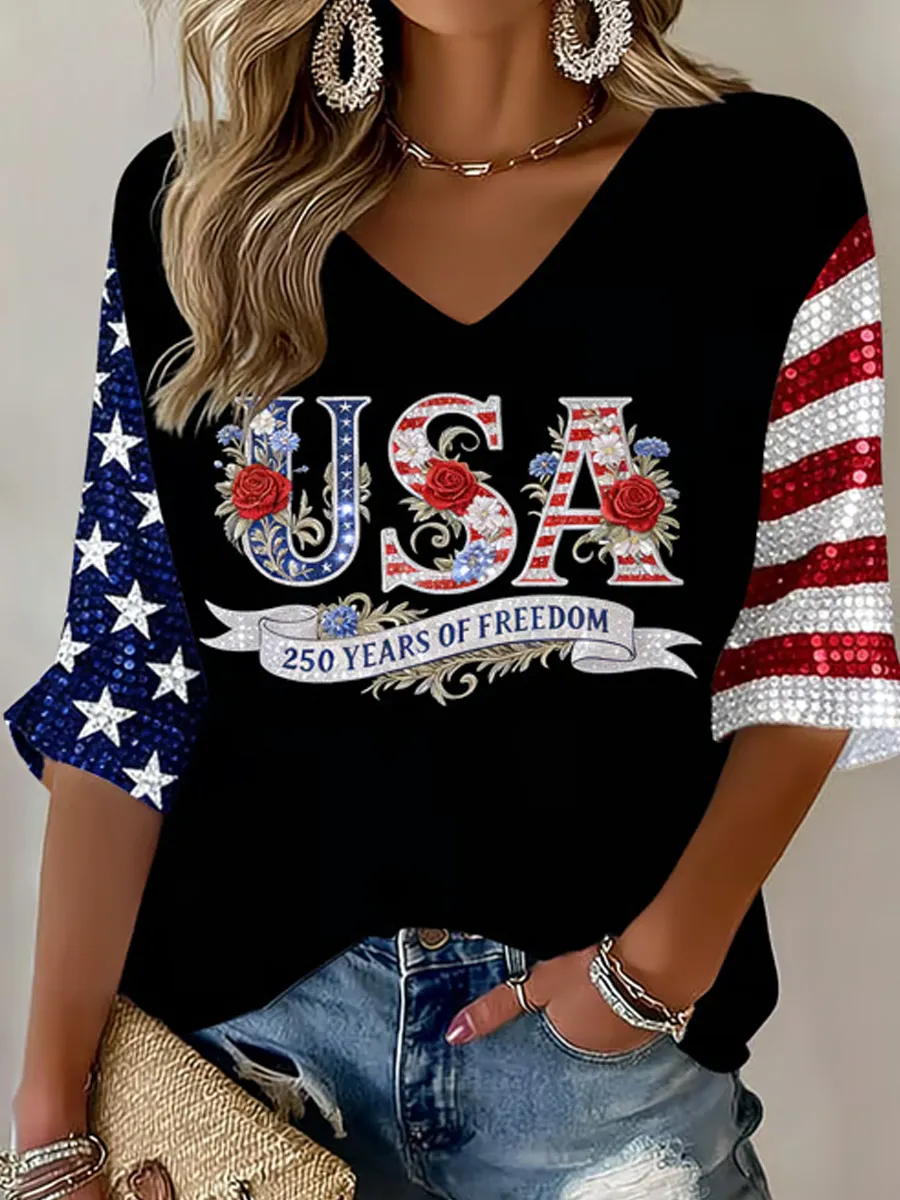 Women's 250th Anniversary Of The United States Printed V-Neck Top
