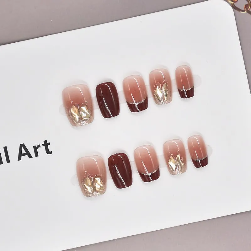 Nailhour 10Pcs French Cat Eye Rhinestone Short Square Press On Nails
