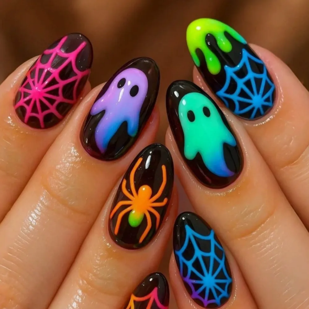 Nailhour 24Pcs Halloween Medium Almond Luminous Ghost Press On Nails