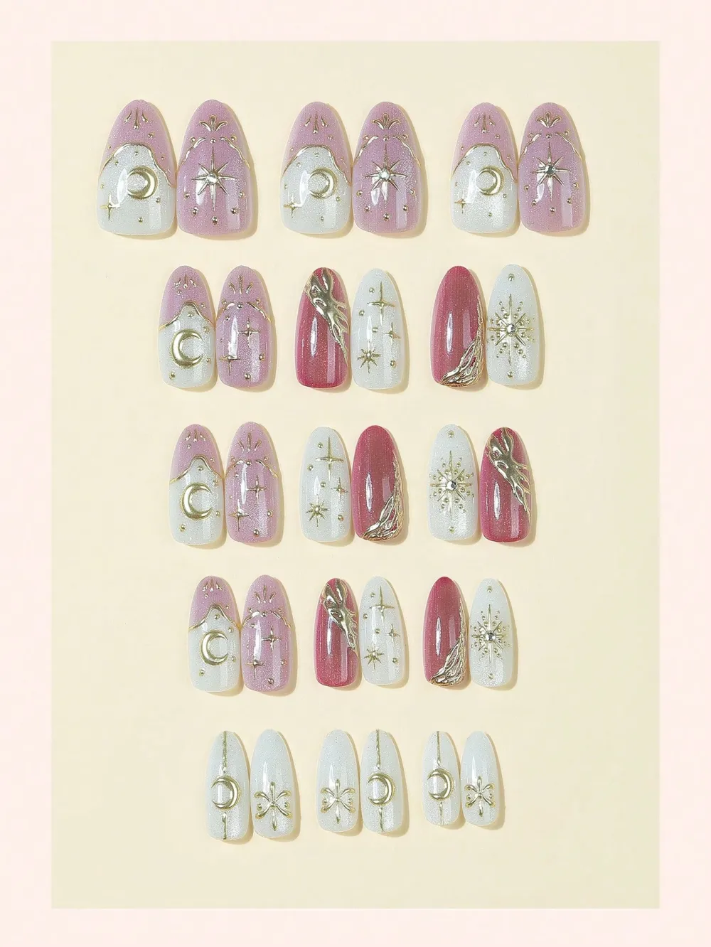 Nailhour 30pcs Nude Almond Cat Eye Star & Moon False Nails