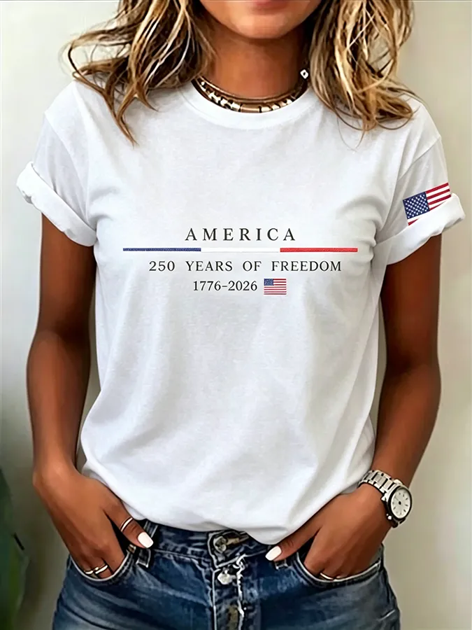 Embroidered Printed Round Neck Short Sleeved T-Shirt Commemorating The 250Th Anniversary Of The United States